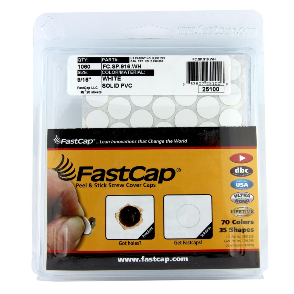 Fastcap Peel & Stick Screw Cover Caps, 9/16" Caps, White, 1060 Pieces, Solid PVC, Ultra-Bond High Performance PSA Adhesive