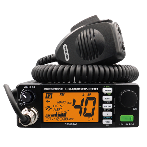 President Electronics Harrison FCC AM/FM CB Radio, CTCSS/DCS, Large 7 Color LCD Display, Weather Channel/Alert, ASC, VOX, Scan Skip, USB Port, NRC, Automatic SWR, PA,