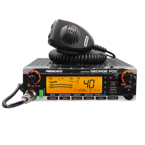 President Electronics George FCC AM/FM/SSB CB Radio, CTCSS/DCS, Large 7 Color LCD Display, Weather Channel/Alert, ASC, VOX, Scan Skip, USB Port, NRC, Automatic SWR, PA