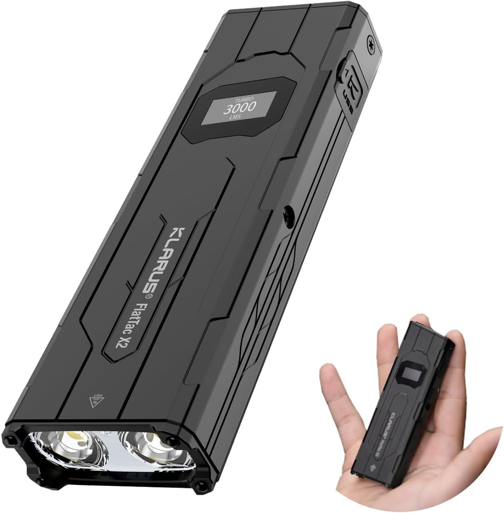 klarus FlatTac X2 Ultra-Thin Palm-Sized EDC Tactical Flashlight, 3000 Lumens, Compact & Mighty Pocket Light, USB-C Rechargeable, Dual Switch, OLED, IPX6