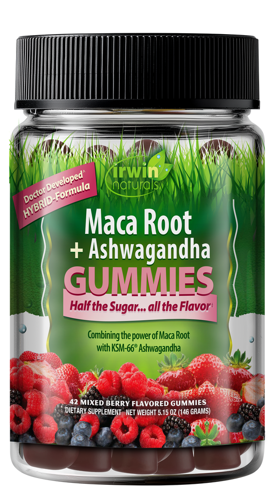 Irwin Naturals Maca Root + Ashwagandha Gummies, Adaptogenic Stress, Energy, & Vitality Support, 42 Count