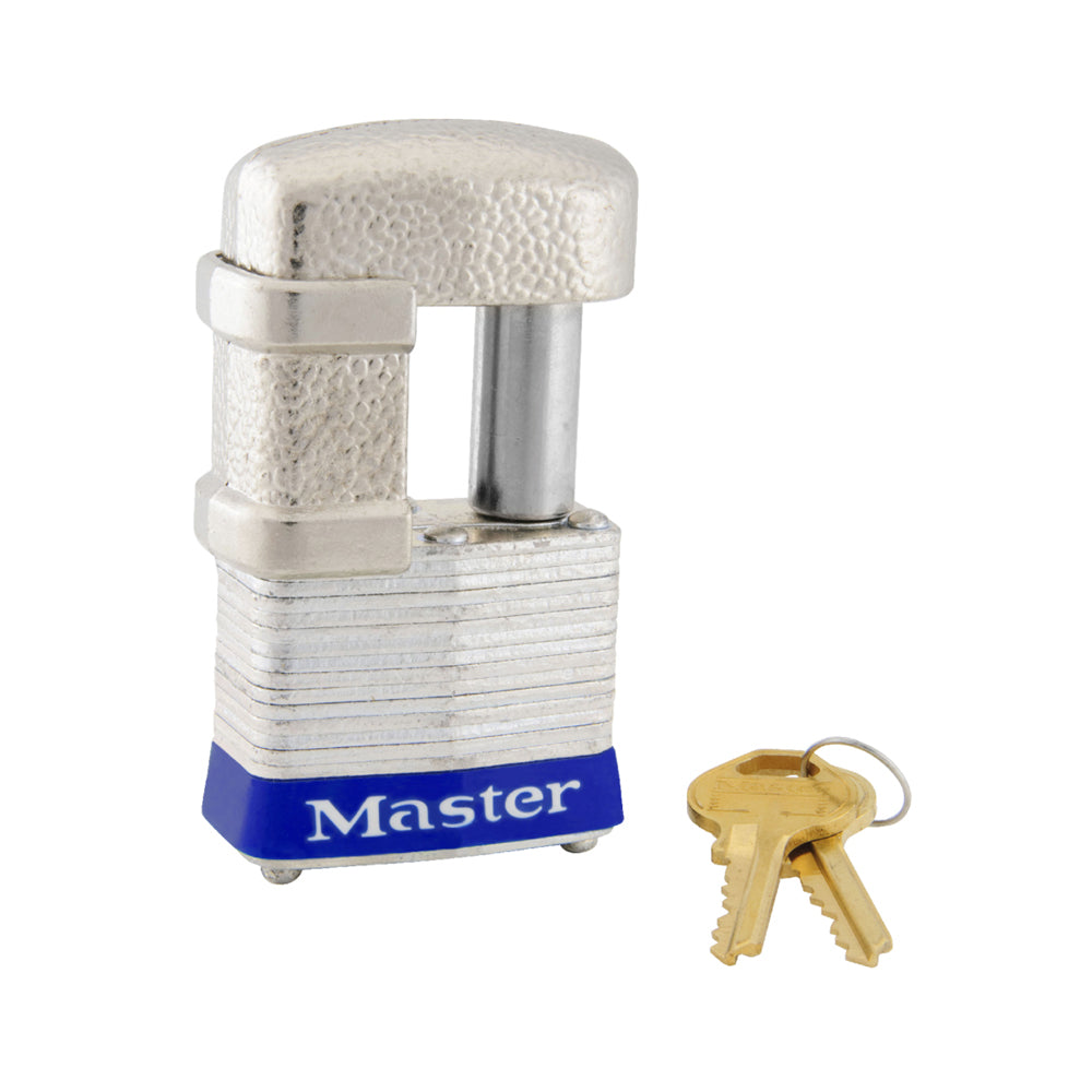 Master Lock 1-9/16in (40mm) Wide Shrouded Laminated Steel Pin Tumbler Padlock, Keyed Alike