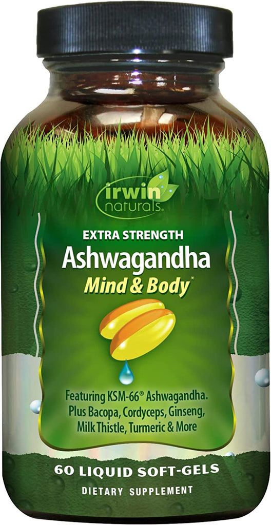 Irwin Naturals Extra Strength Ashwagandha Mind & Body Adaptogenic Herbs Supports Stress Response, Mood, Mental & Physical Performance with Cordyceps, Turmeric, BioPerine & More - 60 Liquid Softgels