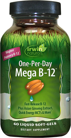 Irwin Naturals One-Per-Day Mega B-12 1,500mcg High Potency Methylcobalamin Vitamin - Fast Enhanced Absorption with MCT + Asian Ginseng - Natural Energy Boost - 60 Liquid Softgels