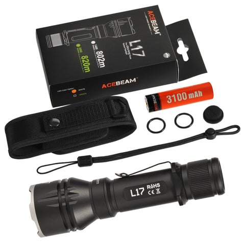 Acebeam L17 Tactical Flashlight with White, Green, Red LED Light, with USB Rechargeable 18650 Battery