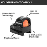 Holosun HE407C-GR V2 Open Reflex Sight Green Dot 2 MOA Reticle Solar Power