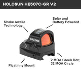 Holosun HE507C-GR V2 Open Reflex Sight Green Multi-Retical 2 MOA Dot and 32 MOA Circle Solar Power Sight