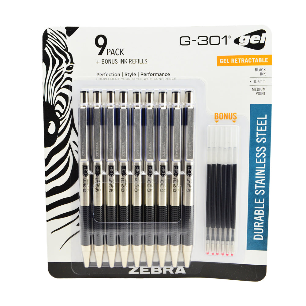 Zebra G-301 Retractable Gel Pen Stainless Steel 0.7mm Medium Point 9 per Pack with 6 Refill Cartridges