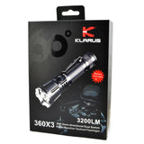 Klarus 360x3 Rechargeable Tactical Flashlight 3200 Lumens Dual Switch Design