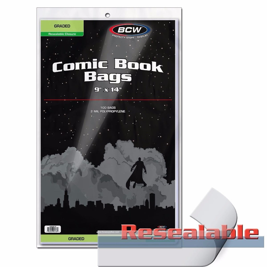 BCW Comic Book Bags, Resealable Bag for Graded Comics, 9 x 14, 100 Bags